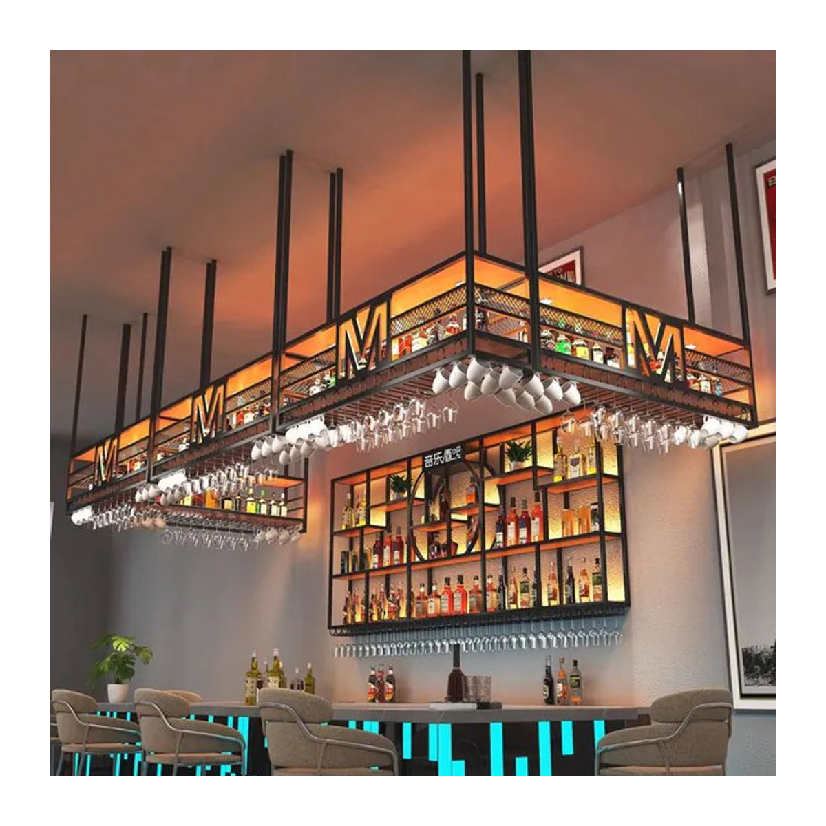 DUTRIEUX Weinregal Wand Bar in Schwarz im Industrial Design aus Metall mit Beleuchtung für Küche und Theke - Bild 1