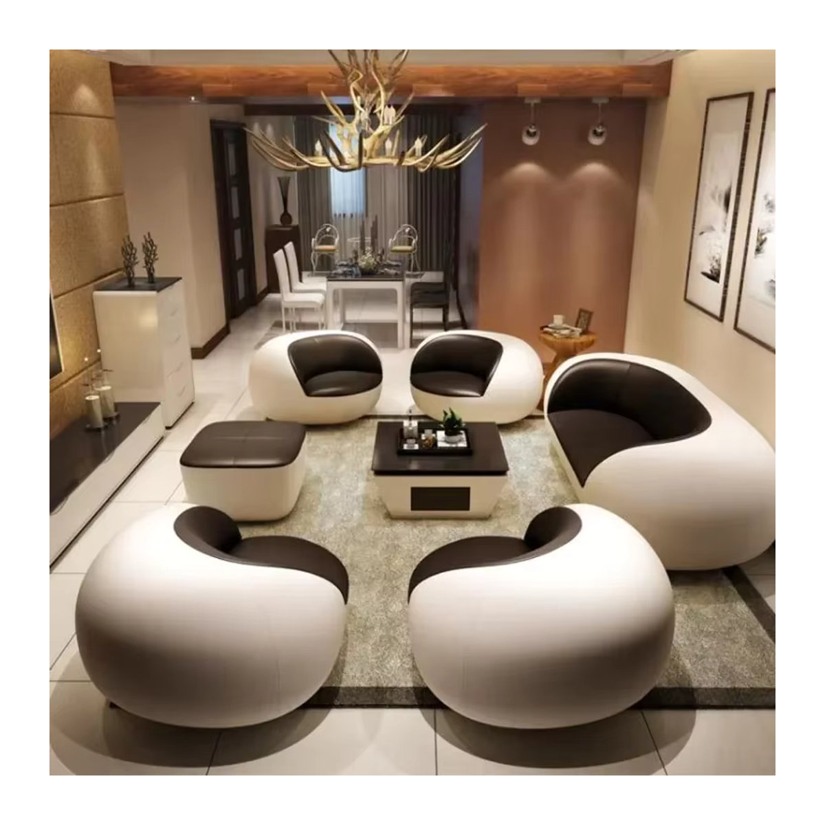 DUTRIEUX Wohnzimmersofa aus Echtleder im skandinavischen Design mit Fußhocker in Schwarz/Weiß - Bild 2