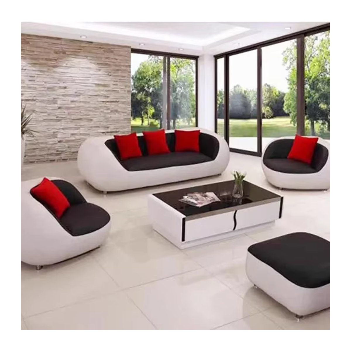 DUTRIEUX Wohnzimmersofa aus Echtleder im skandinavischen Design mit Fußhocker in Schwarz/Weiß - Bild 4