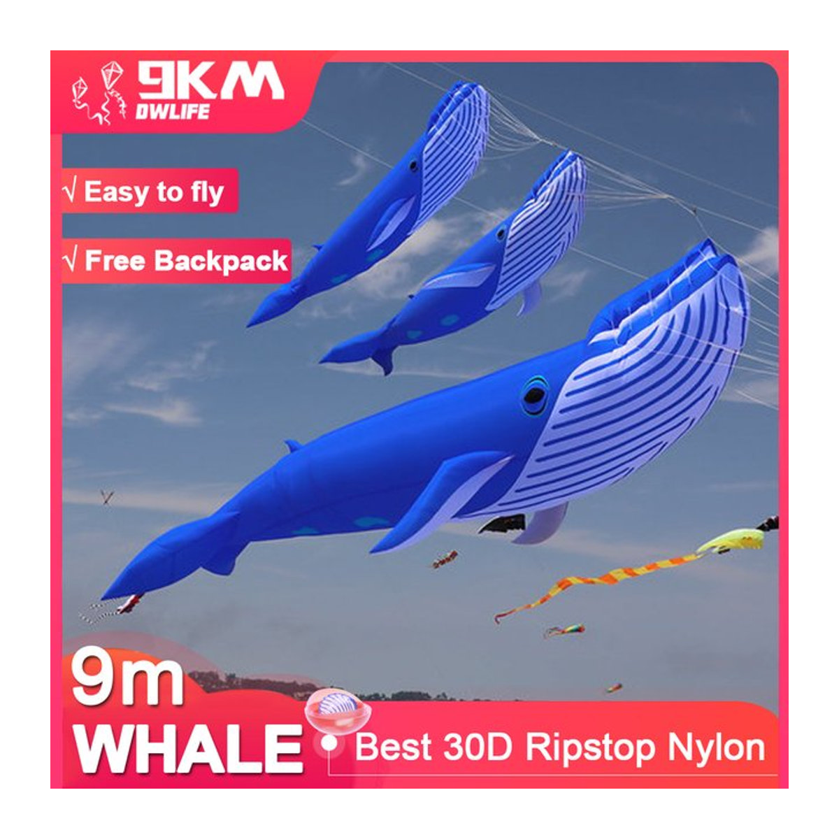 DWLIFE Wal-Drachen Blau aus 30D-Ripstop-Nylon für Kite Festivals - Bild 1