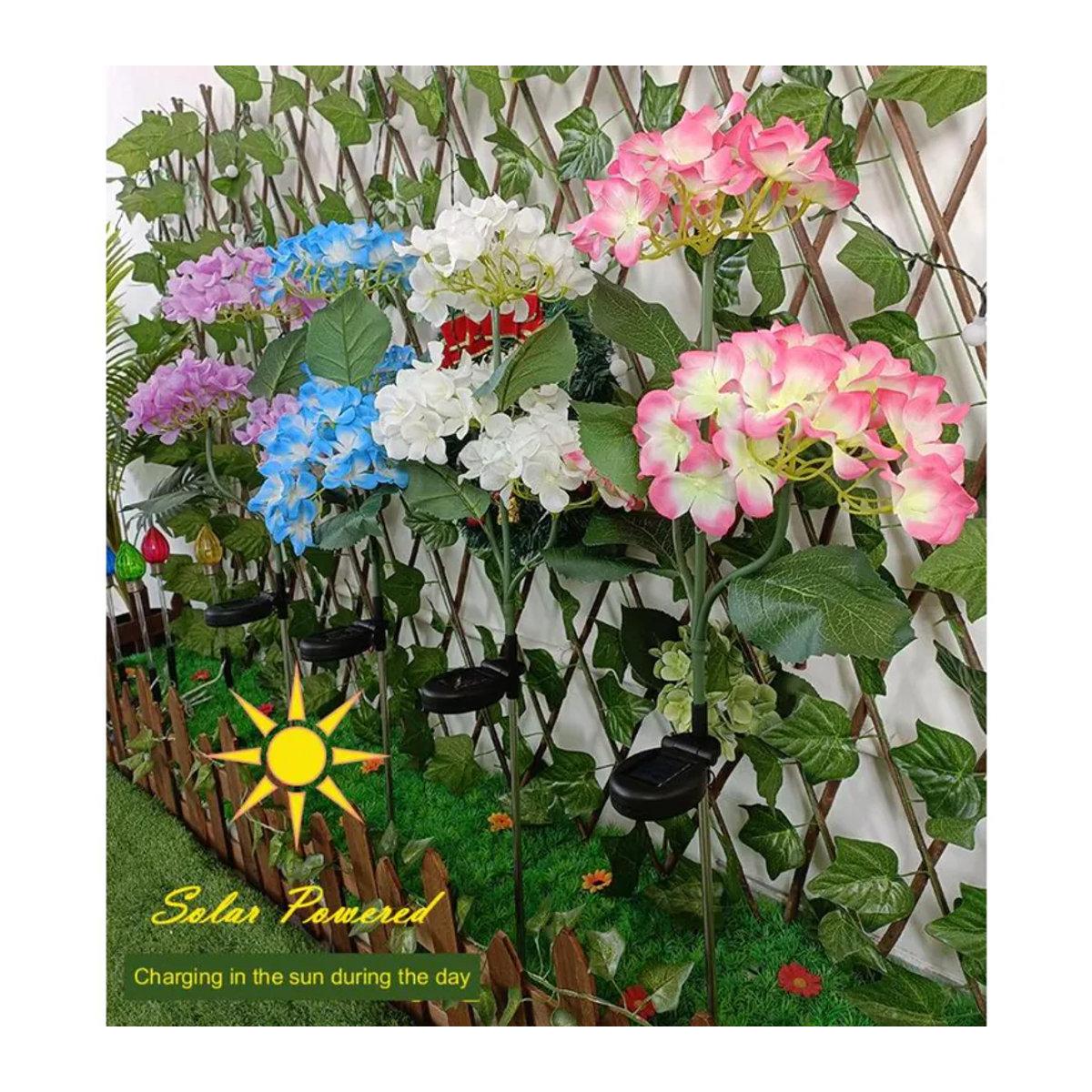 DZL General Home Appliances Solar Hortensien Gartenleuchte mit 3 LED-Blüten in Violett und Blau, wetterfeste Outdoor-Solarleuchte IP65 für Garten und Rasen - Bild 3