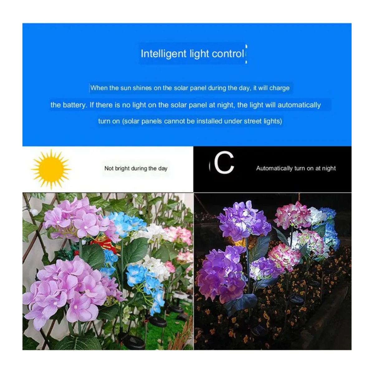 DZL General Home Appliances Solar Hortensien Gartenleuchte mit 3 LED-Blüten in Violett und Blau, wetterfeste Outdoor-Solarleuchte IP65 für Garten und Rasen - Bild 7