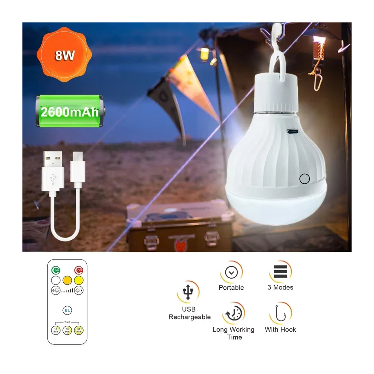 E27 Kabellose Wiederaufladbare LED-Glühbirne mit Fernbedienung und Wasserdichtigkeit für Camping und Haushalt - Bild 4