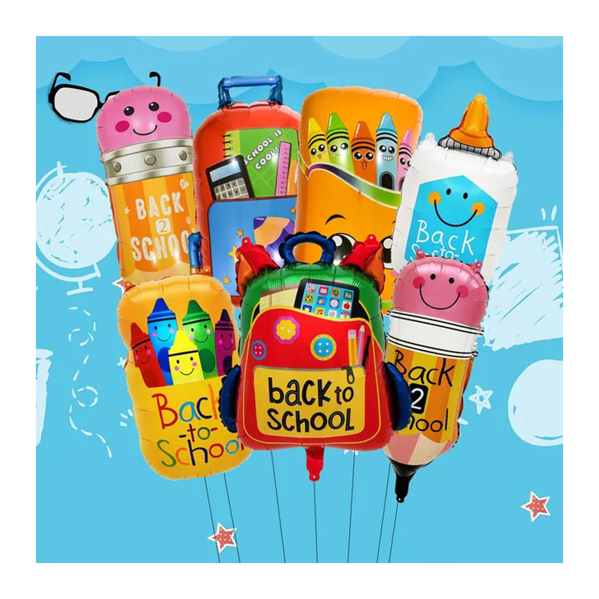 EACH PARTY Back to School Folienballon Set mit Briefpapier- und Schultaschen-Motiven, mehrfarbig, 3 oder 7 Stück - Bild 1