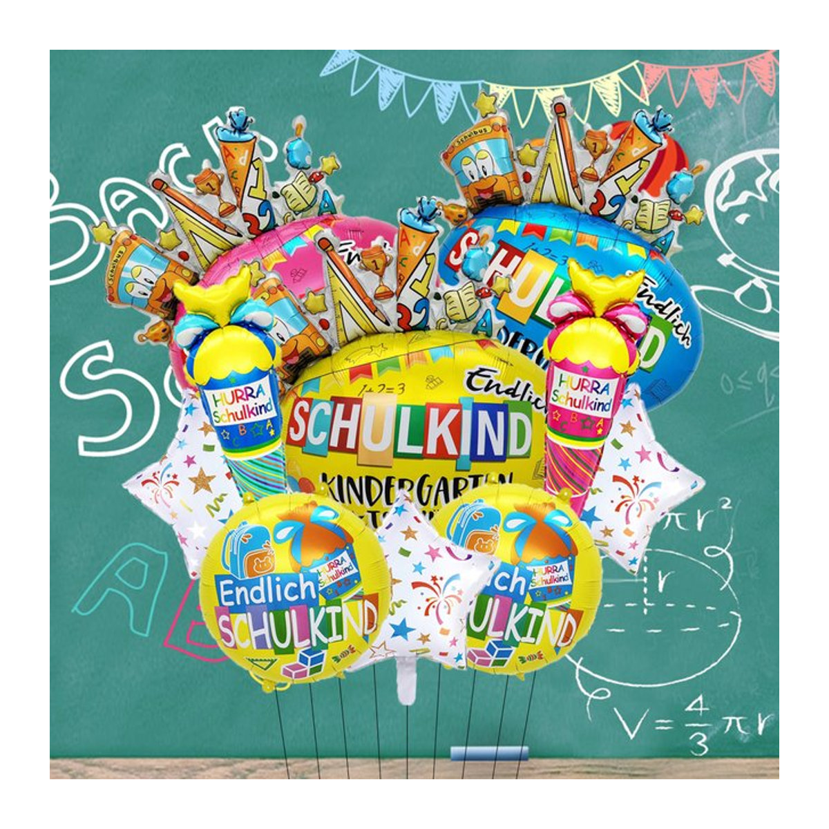 EACH PARTY Back to School Luftballons Set mit deutschen Buchstaben und Eiscreme-Motiv in Schwarz und Mehrfarbig, 10 Stück für die Schulanfang Dekoration - Bild 1