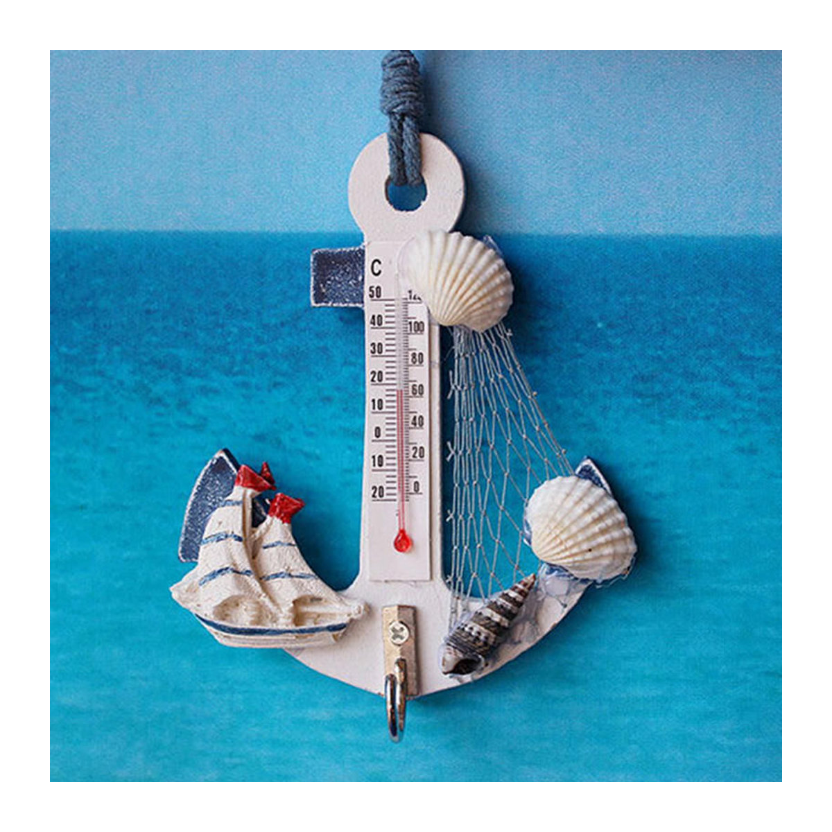 Eagerness Holz-Anker-Thermometer in Weiß mit Muschel-Design als maritimes Wanddekor - Bild 4