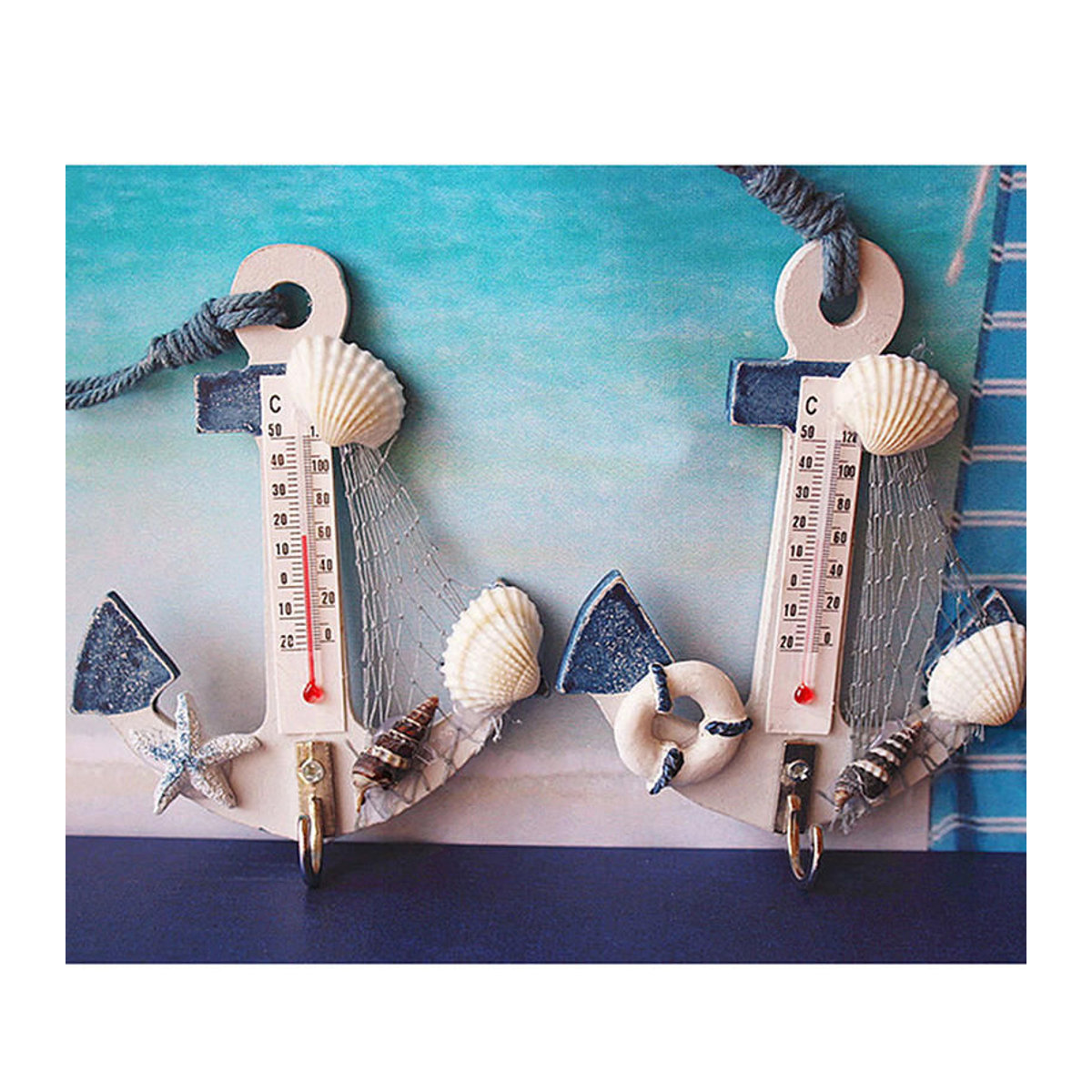 Eagerness Holz-Anker-Thermometer in Weiß mit Muschel-Design als maritimes Wanddekor - Bild 6