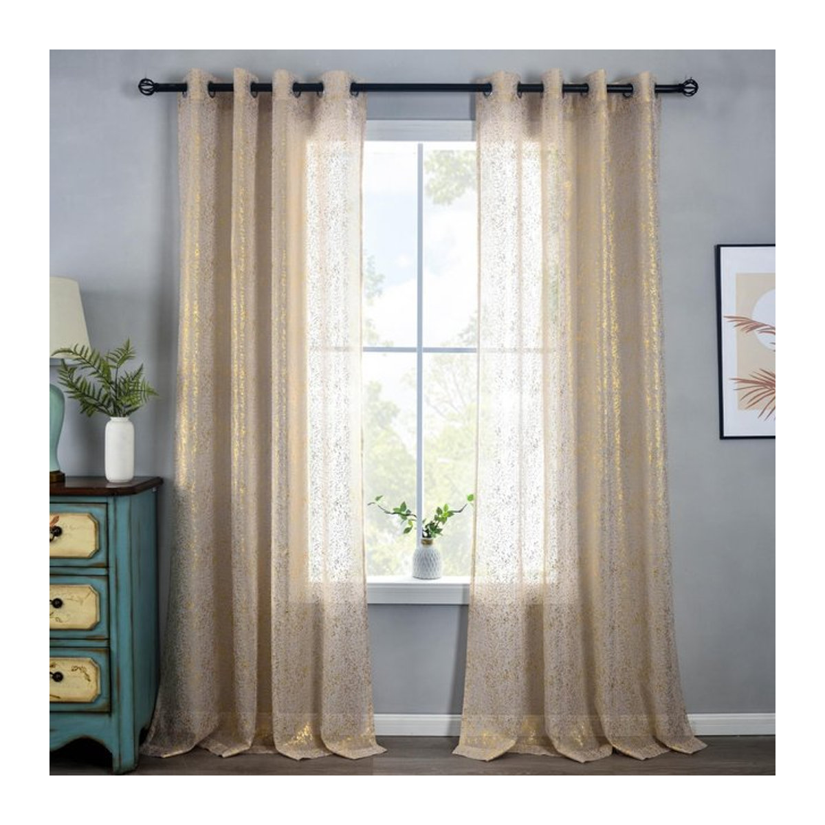 EASHION Dekorativer Vorhang Gold Transparent Beige Sheer für Wohnzimmer und Schlafzimmer - Bild 1
