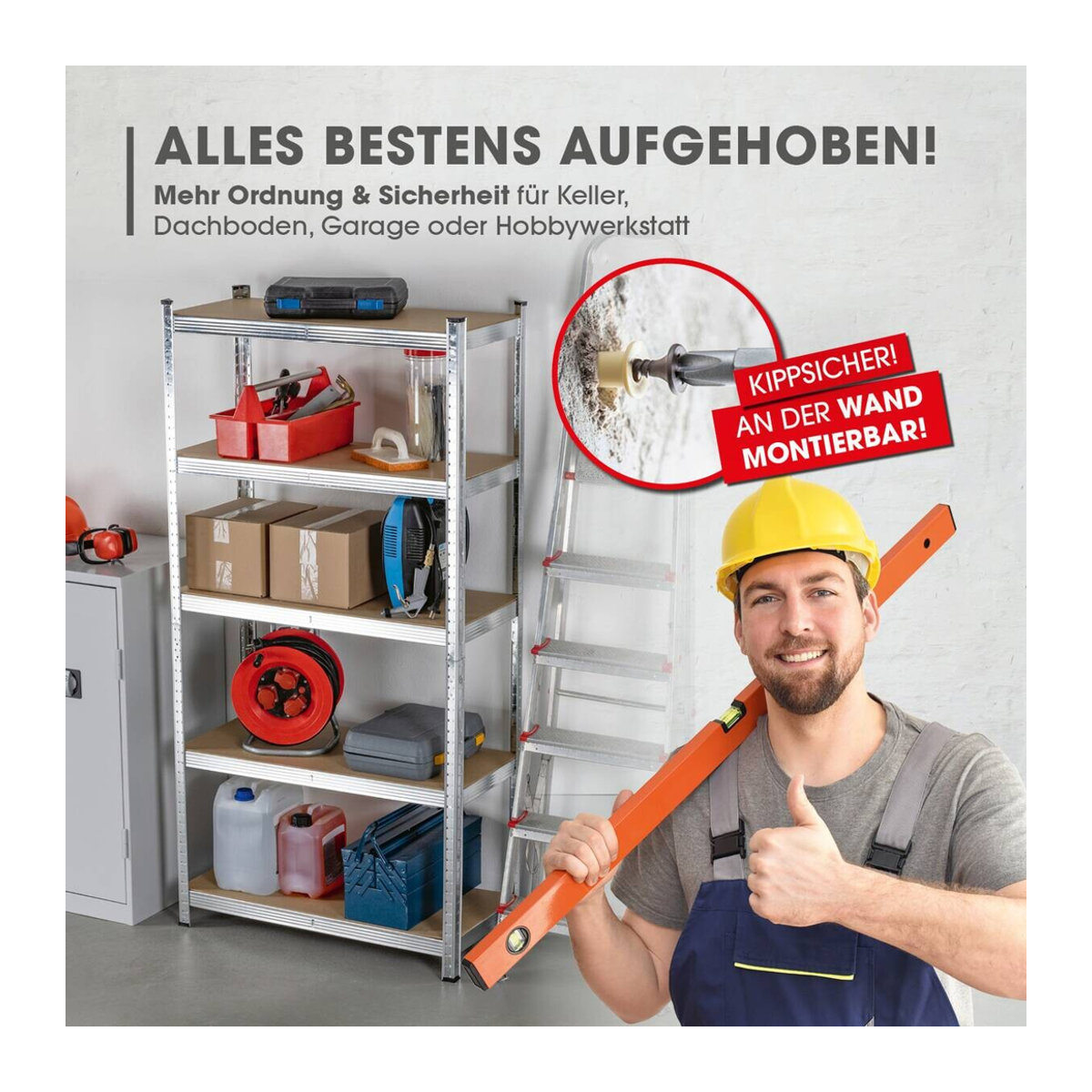 EASYmaxx 2 in 1 Schwerlastregal und Werkbank mit 5 Holzböden, B/H/T: 90 x 180 x 40 cm - Bild 3