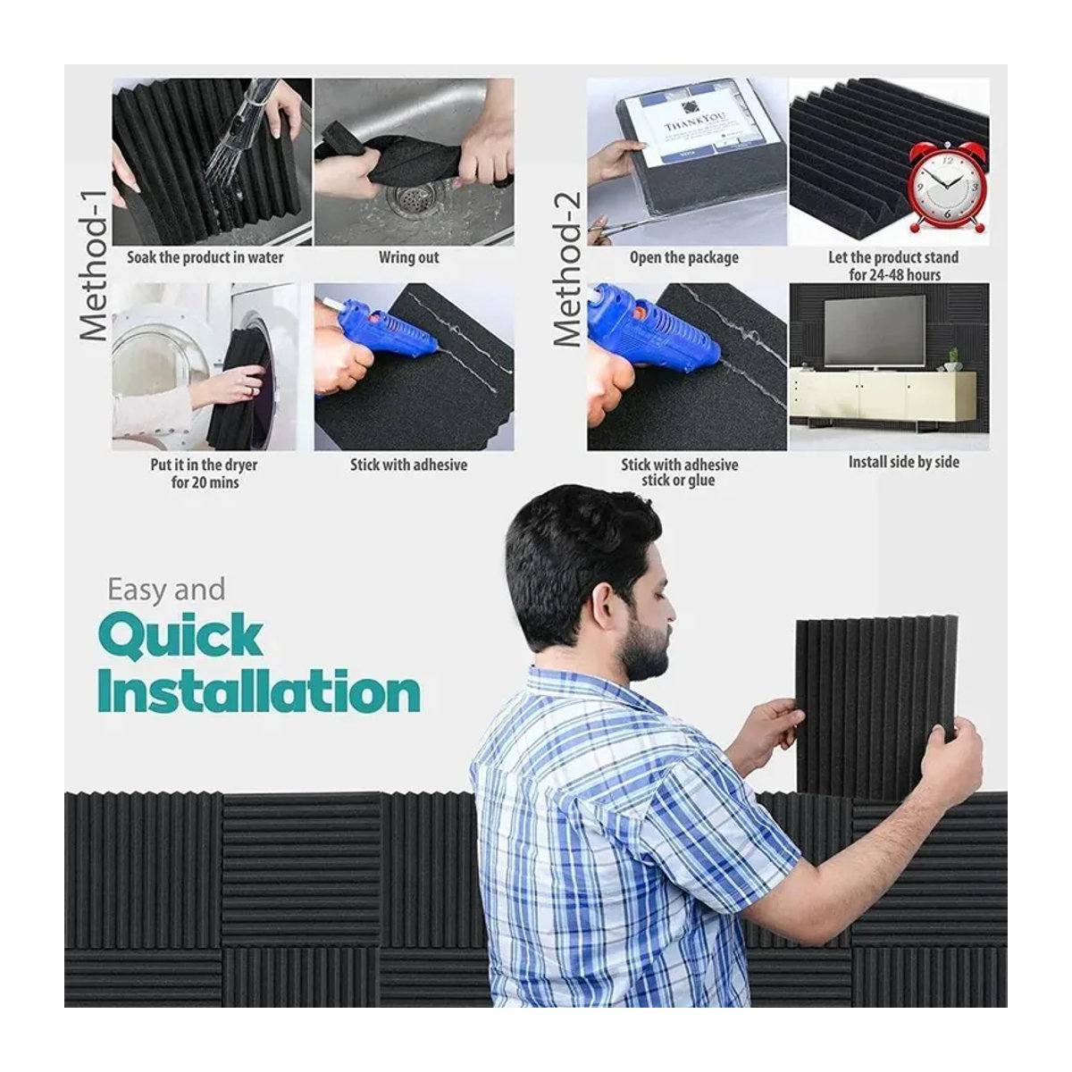 EATOUR Studio Akustikschaumstoffplatten 48er Set, schallabsorbierende Keilfliesen aus hochdichtem Schaumstoff, B/T/H: 30 x 30 x 1 cm, Farben: Schwarz und Rot - Bild 1