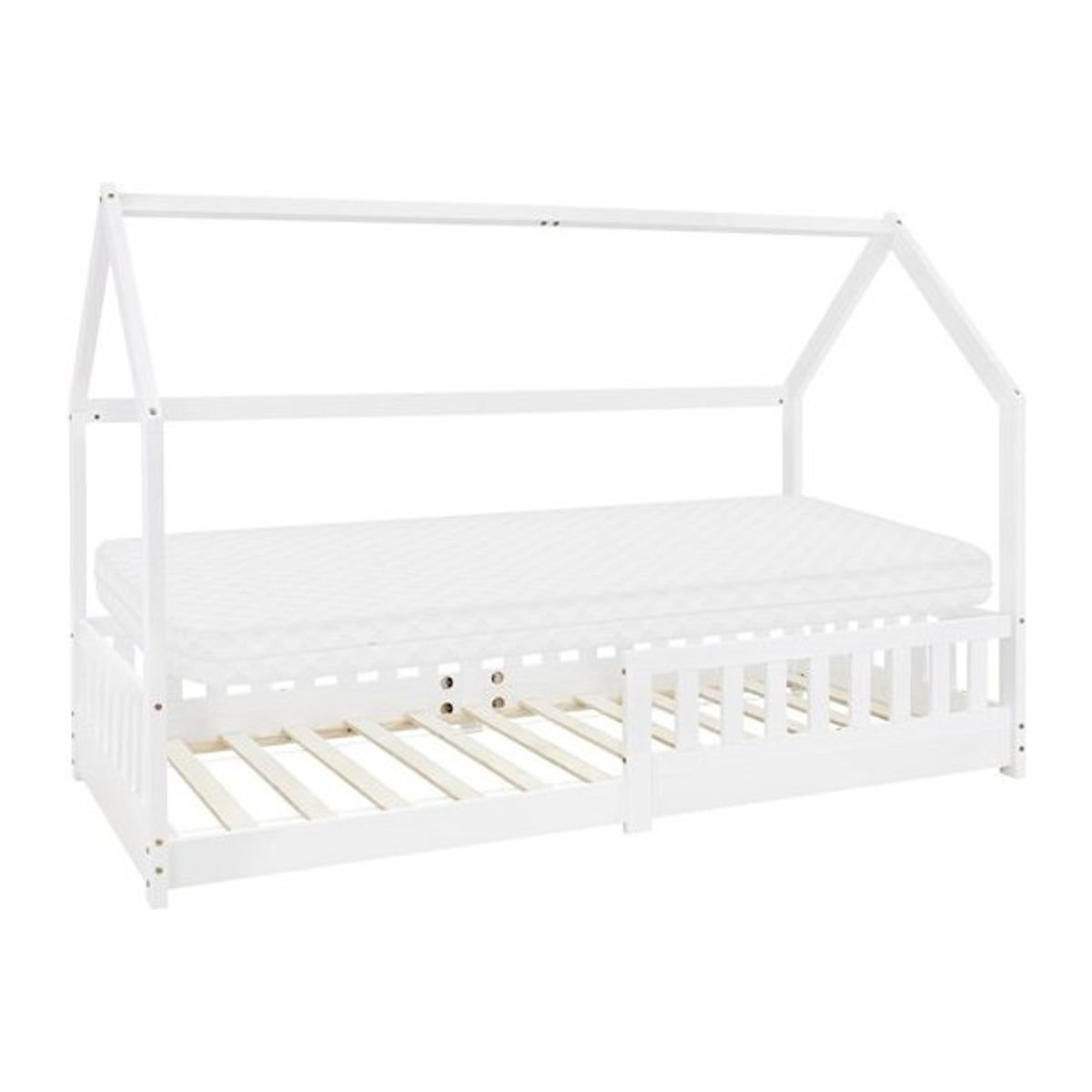 ECD Germany Kinderbett Hausbett in skandinavischem Design aus Kiefernholz mit Matratze und Lattenrost, Weiß, B: 90 cm, L: 200 cm - Bild 1