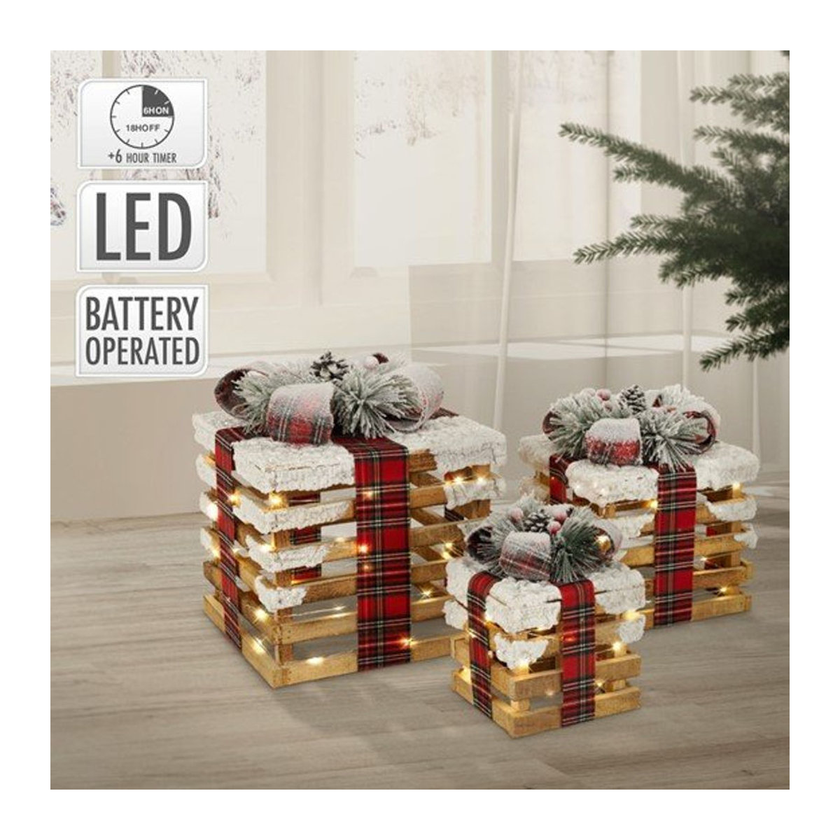 ECD Germany LED Geschenkbox Weihnachtsdeko 3er Set aus Holz in Braun mit Timer und batteriebetriebenem Betrieb - Bild 1