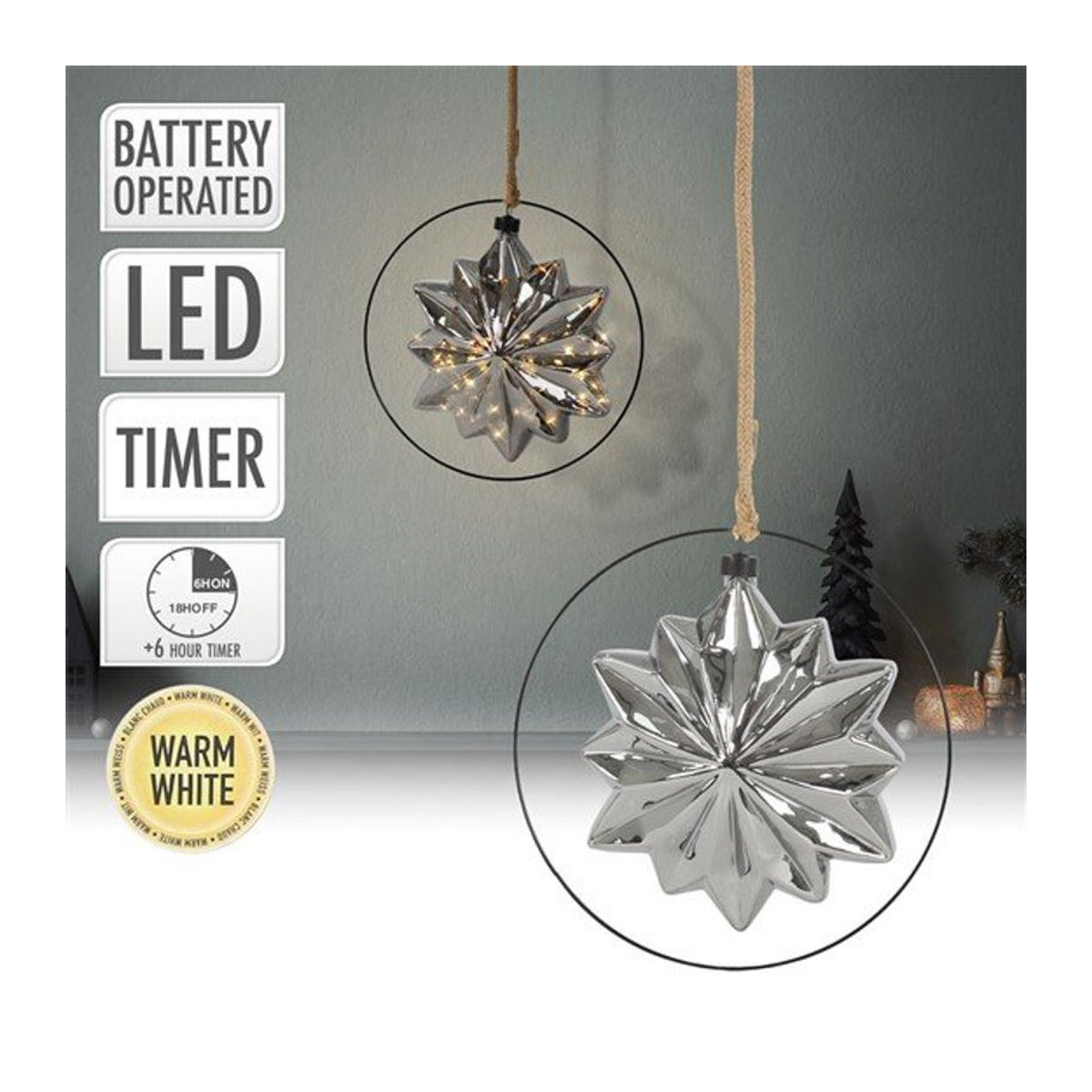 ECD Germany LED Weihnachtsstern aus Metall in Grau mit warmweißen LEDs, Durchmesser: 18 cm - Bild 1