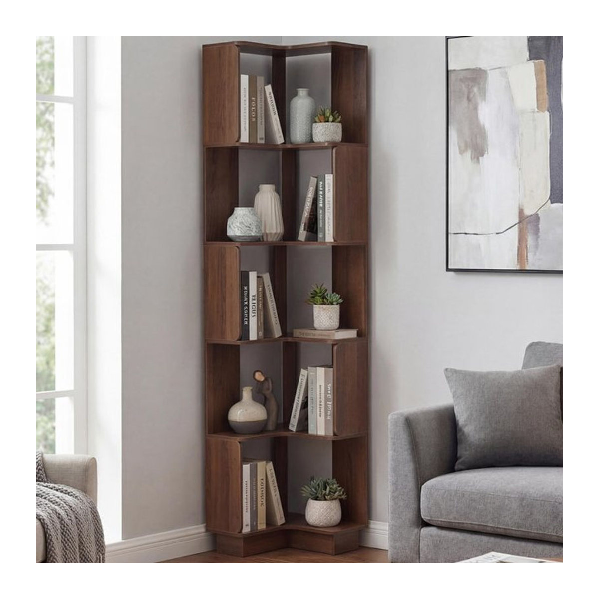 Eck-Bücherregal MCW-P53 in Braun mit 5 Ebenen aus MDF Melamin, H x B x T: 175 x 40 x 40 cm - Bild 1
