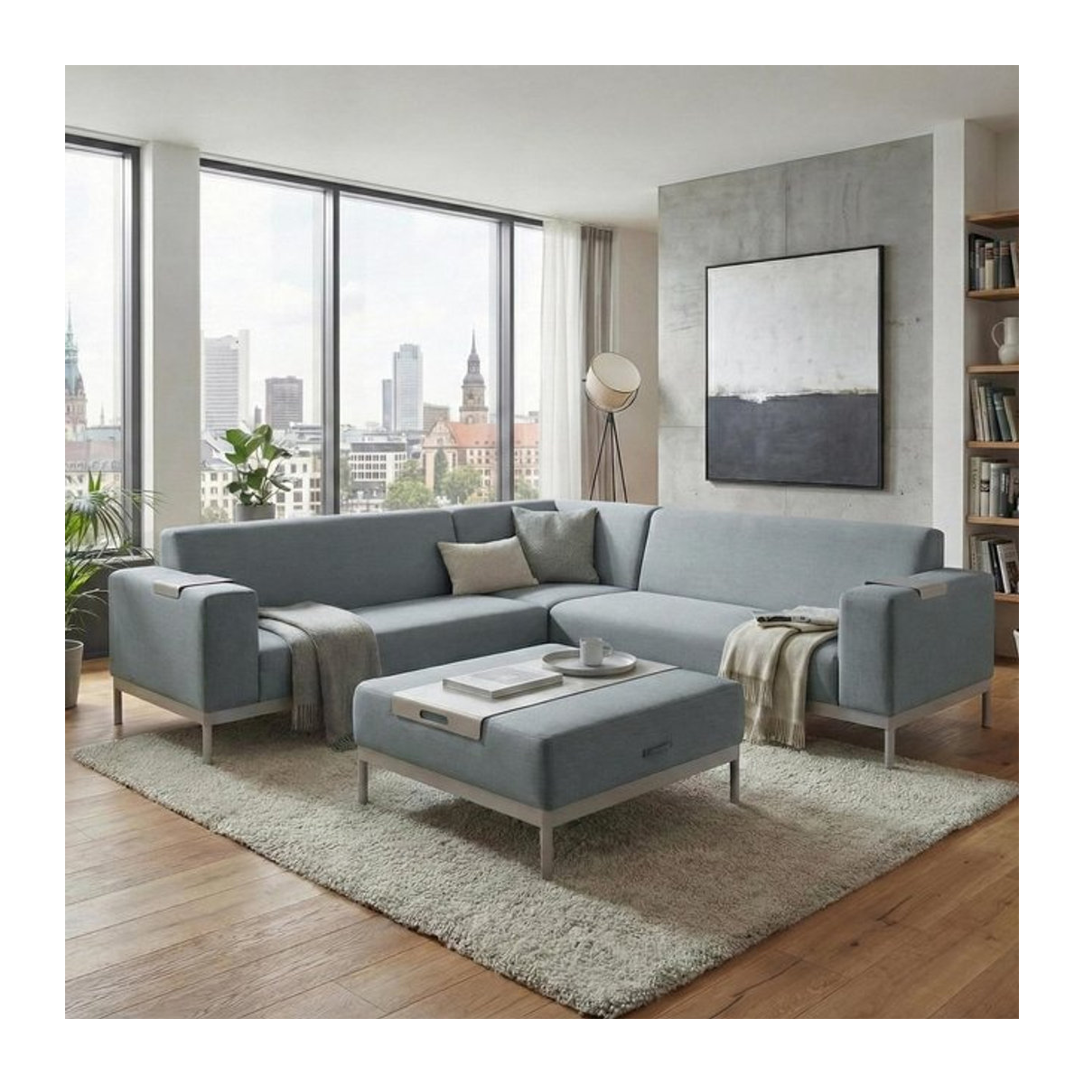 Ecksofa MCW-C47 Loungesofa in Blau mit Ablage und Hocker aus wasserabweisendem Stoff - Bild 1