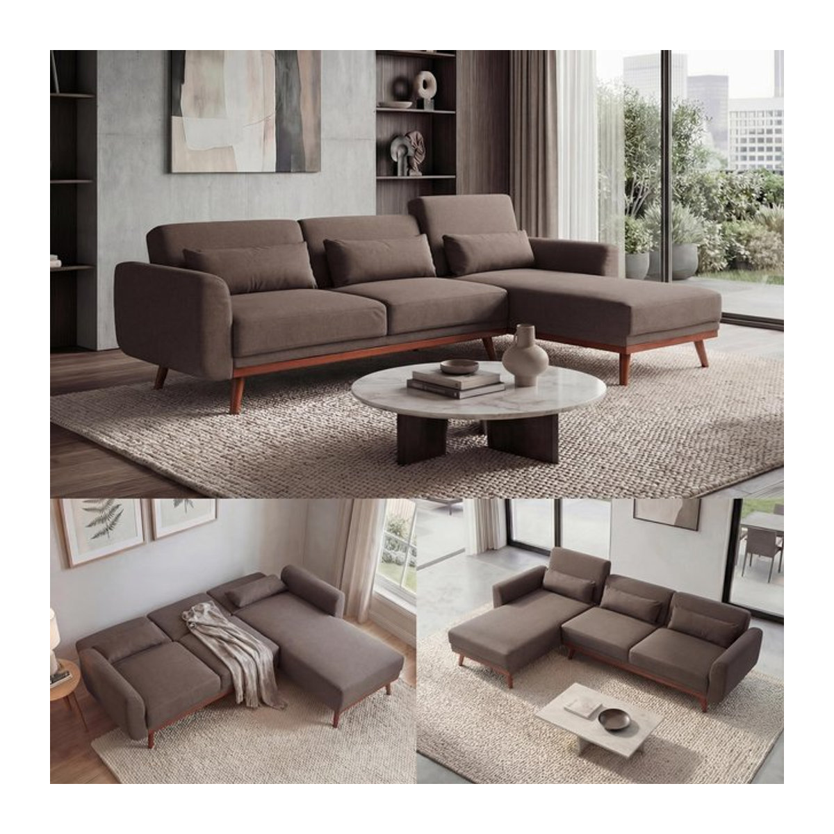 Ecksofa MCW-J20 in L-Form als 3-Sitzer mit Schlaffunktion aus Stoff in Braun, Breite: 280 cm - Bild 1