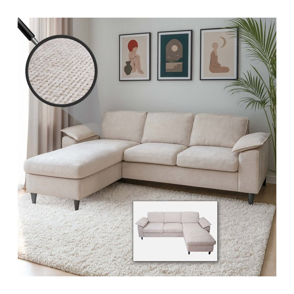 Ecksofa MCW-O71 in Beige, modernes L-Form Sofa aus Stoff und Holz, wendbare Liegefläche, B/T/H: 229 x 84 x 140 cm - Bild 1