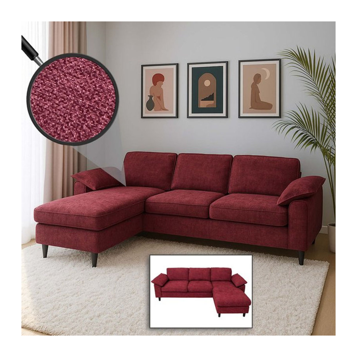 Ecksofa MCW-O71 in L-Form aus Stoff und Holz, wendbare Liegefläche, Rot, B/T/H: 229 x 84 x 140 cm - Bild 1