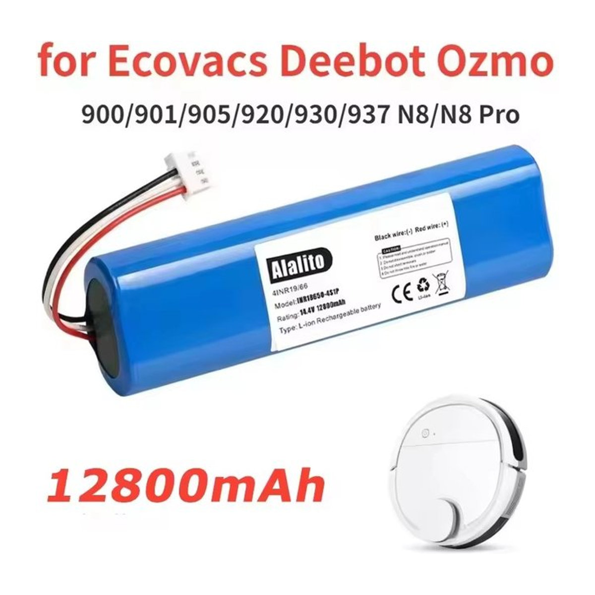 Ecovacs Ersatzakku 12800 mAh für Deebot Ozmo 900 901 905 920 930 937 N8 Pro Roboterstaubsauger, 14,4 V Li-Ion, Blau - Bild 1