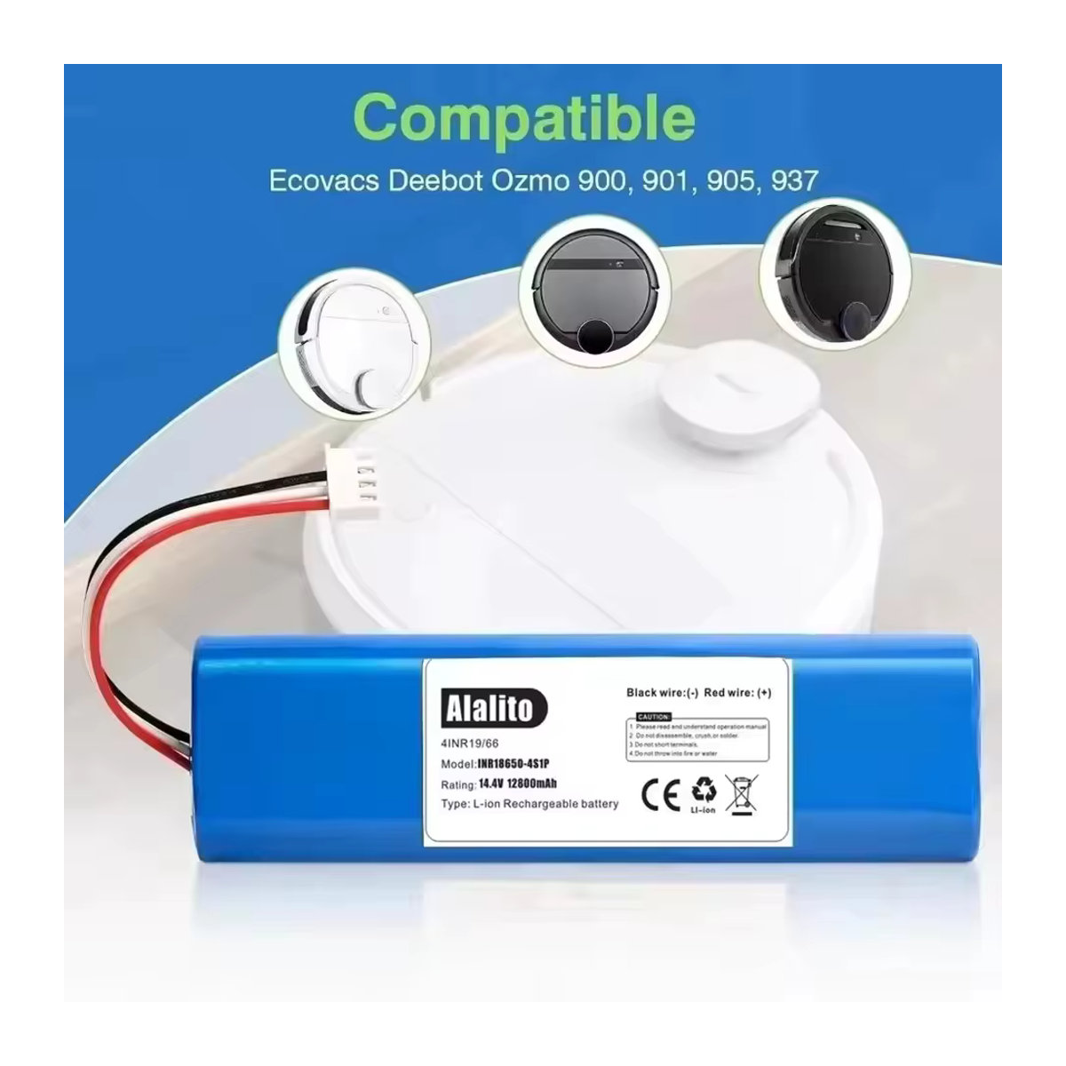 Ecovacs Ersatzakku 12800 mAh für Deebot Ozmo 900 901 905 920 930 937 N8 Pro Roboterstaubsauger, 14,4 V Li-Ion, Blau - Bild 4
