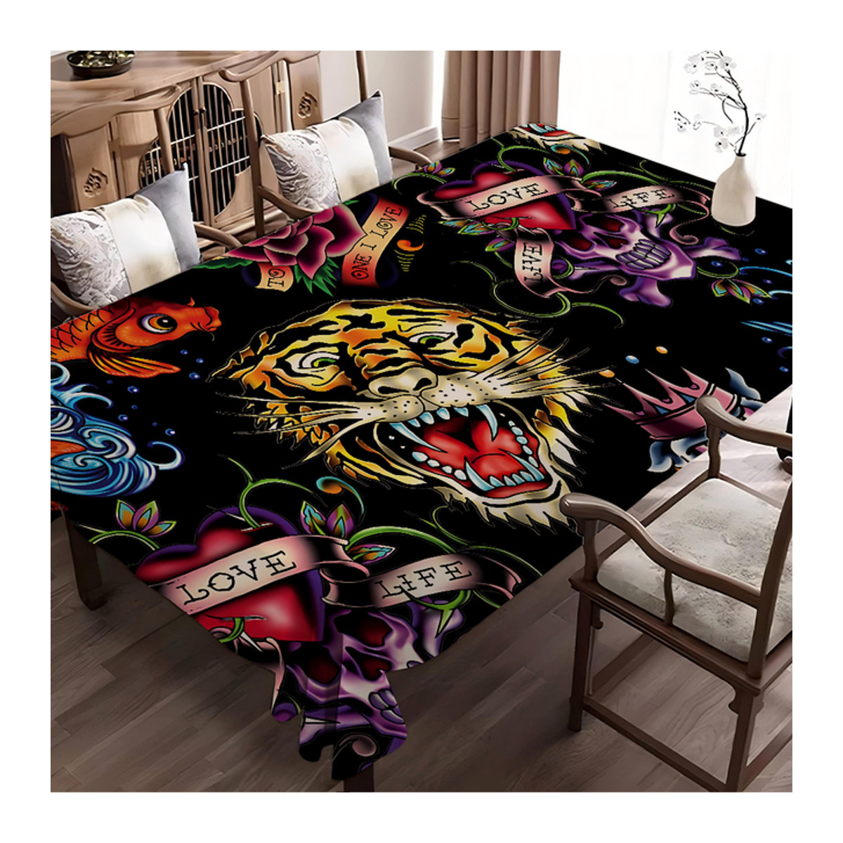Ed-hardy Tischdecke Tattoo Tiger in Schwarz, wasserdichte und staubdichte Polyester-Tischdecke für Couchtisch oder Nachttisch - Bild 1