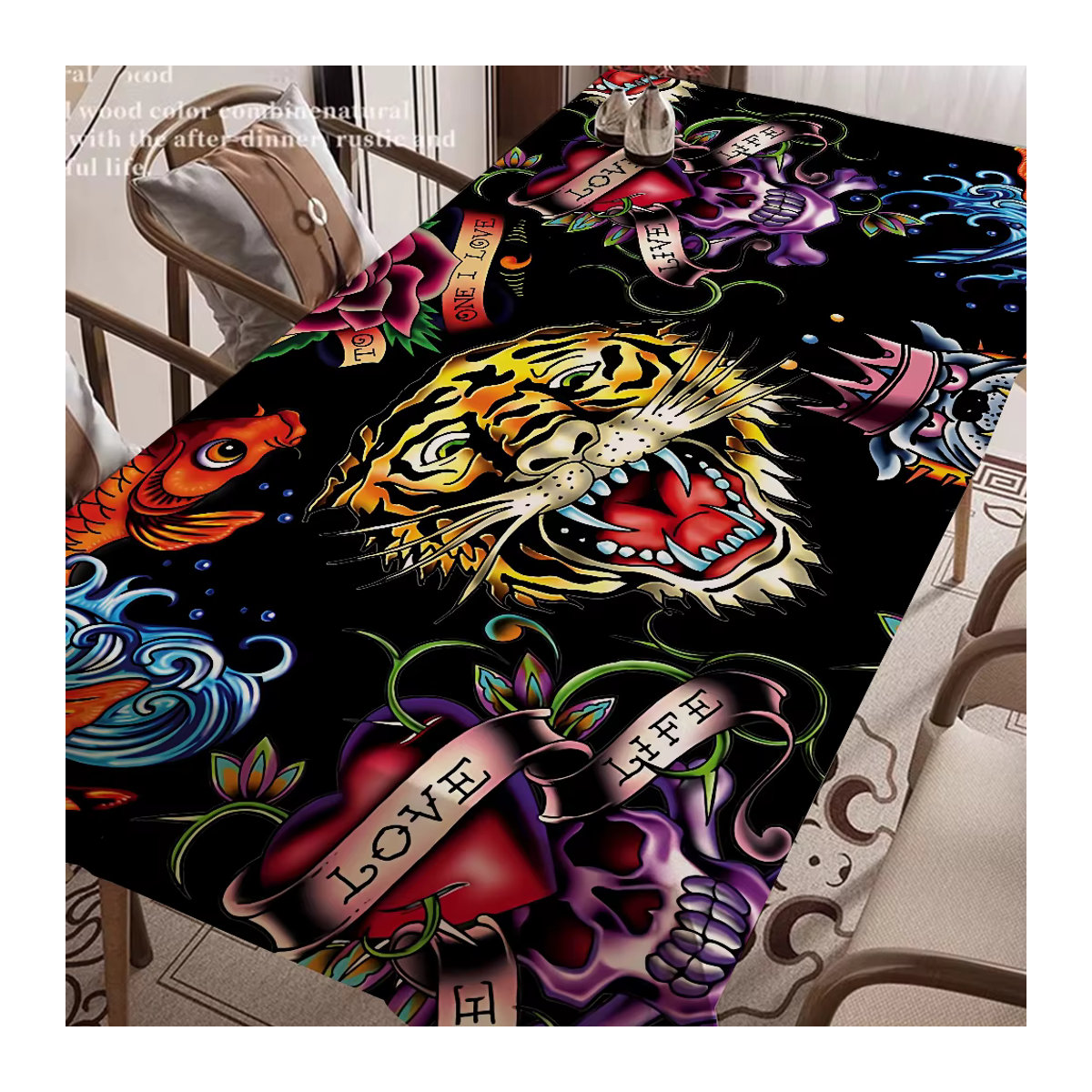Ed-hardy Tischdecke Tattoo Tiger in Schwarz, wasserdichte und staubdichte Polyester-Tischdecke für Couchtisch oder Nachttisch - Bild 2