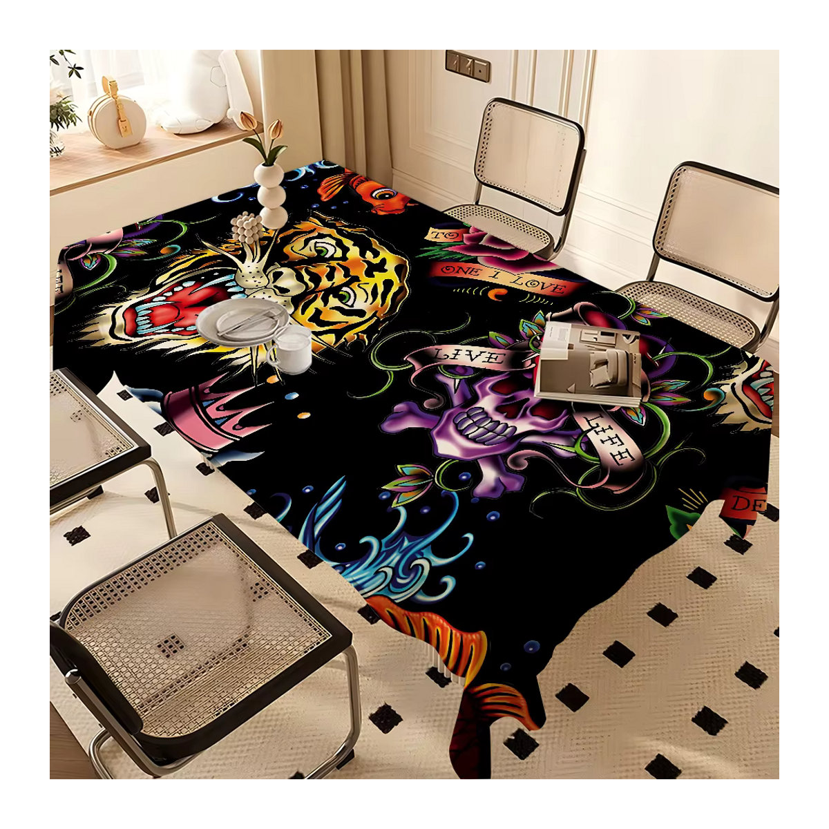 Ed-hardy Tischdecke Tattoo Tiger in Schwarz, wasserdichte und staubdichte Polyester-Tischdecke für Couchtisch oder Nachttisch - Bild 3