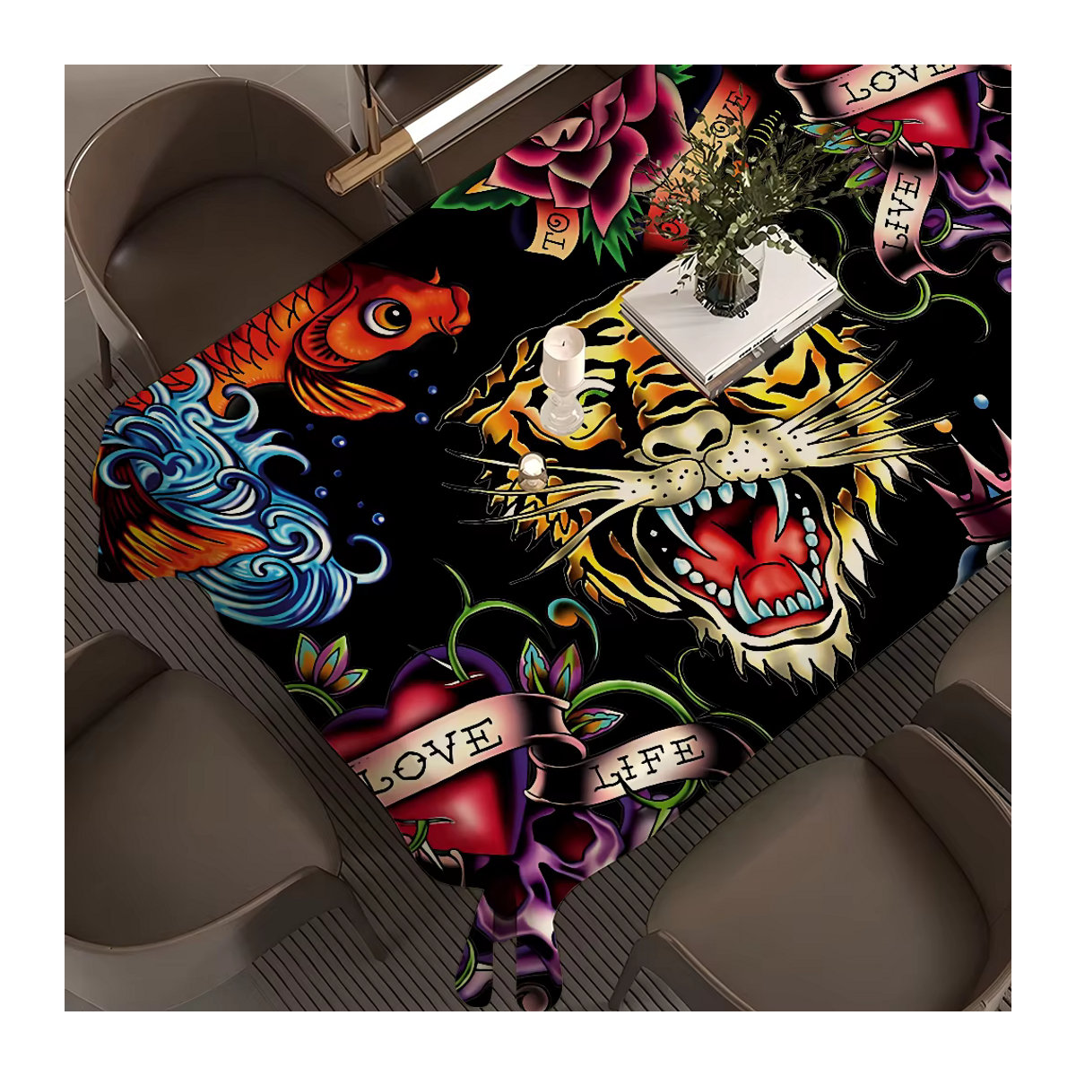 Ed-hardy Tischdecke Tattoo Tiger in Schwarz, wasserdichte und staubdichte Polyester-Tischdecke für Couchtisch oder Nachttisch - Bild 4