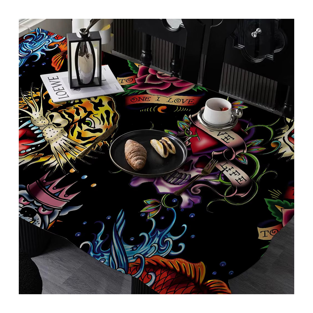 Ed-hardy Tischdecke Tattoo Tiger in Schwarz, wasserdichte und staubdichte Polyester-Tischdecke für Couchtisch oder Nachttisch - Bild 5