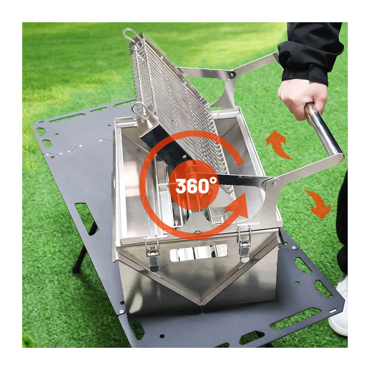 Edelstahl Holzkohlegrill für Camping und Grillen in Grau mit 360 Grad drehbarem Grillrost und klappbaren Beinen - Bild 4