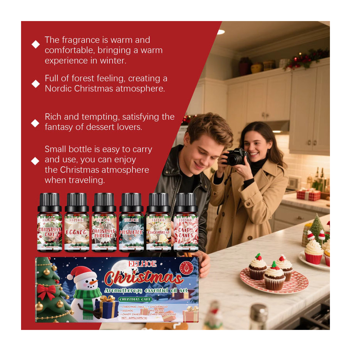 eelhoe Weihnachts-Aromatherapie-Set mit 6 ätherischen Ölen in Glasflaschen, 6 x 10 ml, mehrfarbig - Bild 2