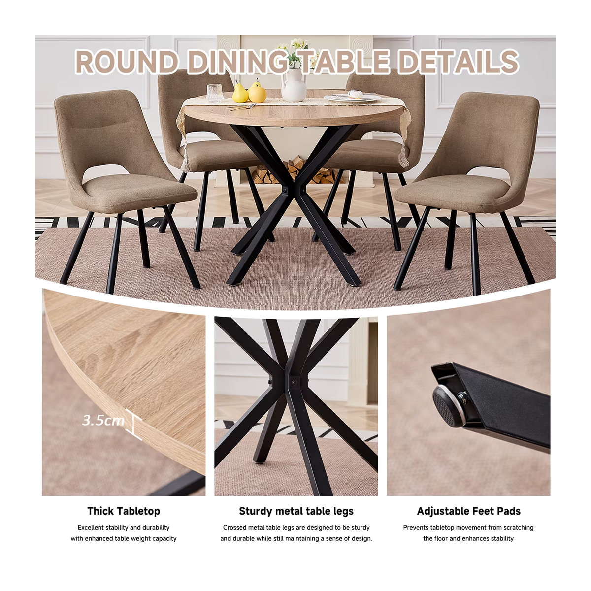 EGOONM Nordischer Couchtisch aus Massivholz und Stahl, runder Wohnzimmertisch im skandinavischen Design, Durchmesser: 100 cm - Bild 2