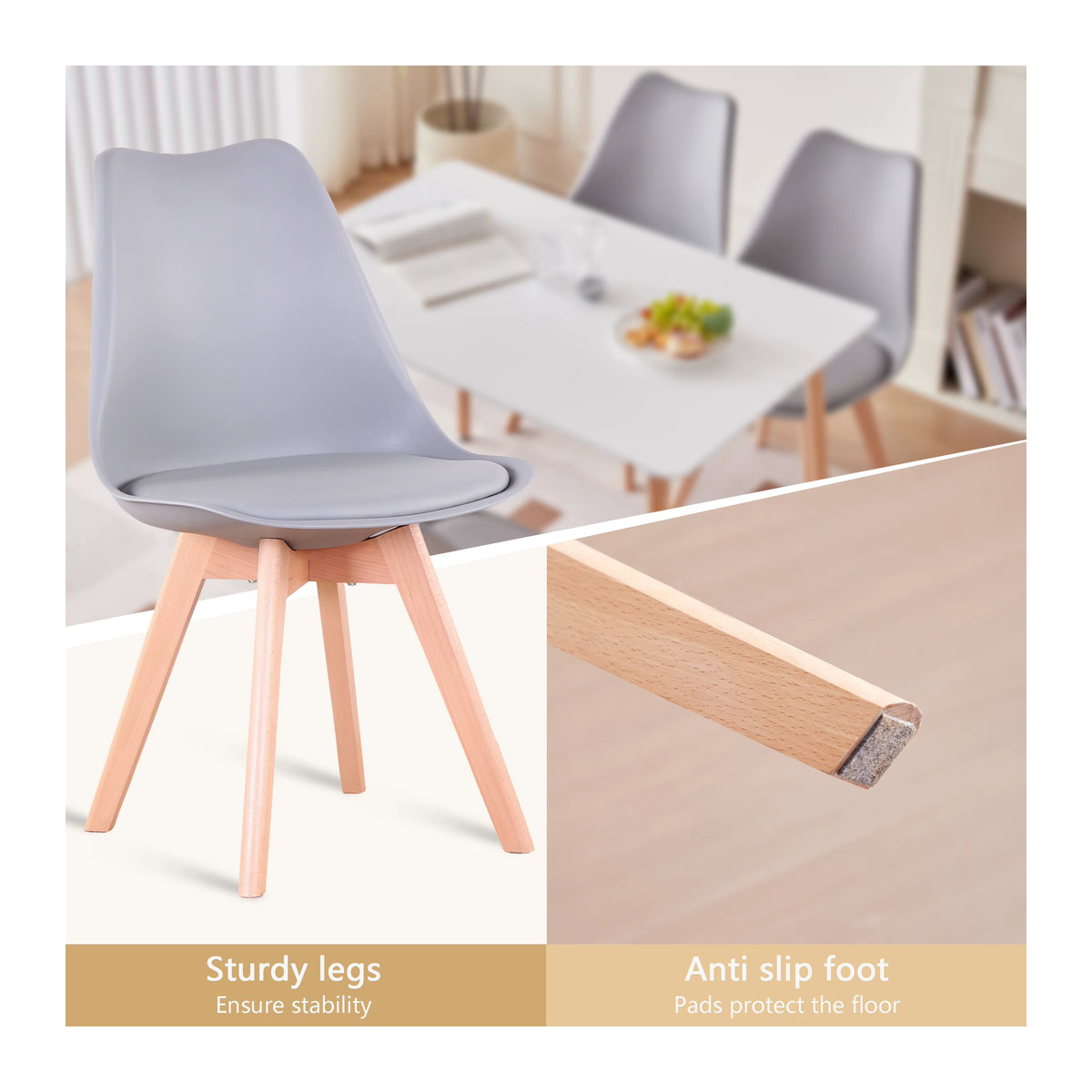 Egoonm Satz moderner Esszimmerstühle mit gepolstertem Kunstleder-Sitz und Buche-Holzbeinen in Grau - Bild 2