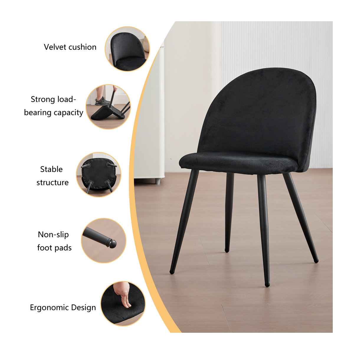 EGOONM Set aus 4 modernen Esszimmerstühlen im skandinavischen Design mit Samtbezug in Grau und Metallgestell - Bild 4