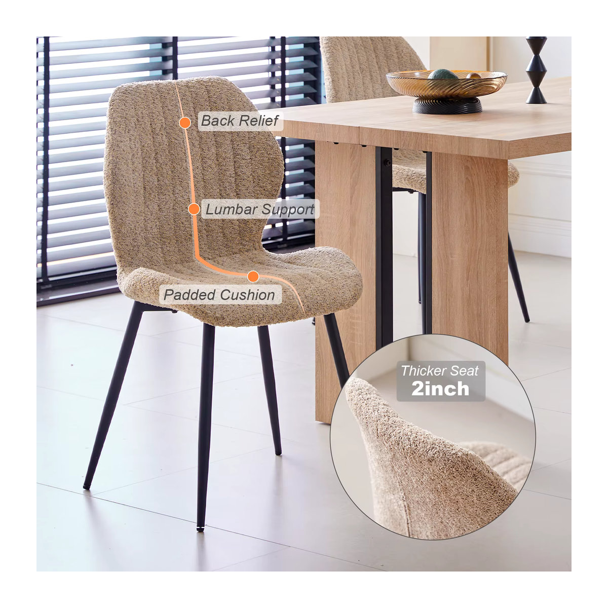 EGOONM Set gepolsterte Esszimmerstühle aus Leinenstoff mit Metallbeinen in Beige und Braun, modern gestreift - Bild 2