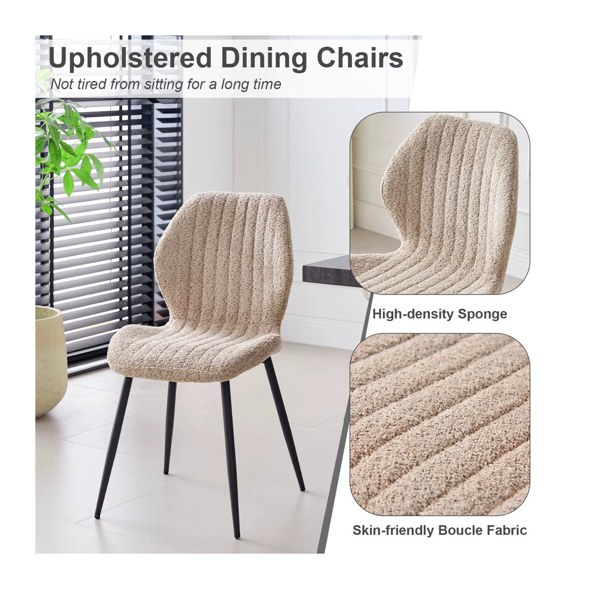 EGOONM Set gepolsterte Esszimmerstühle aus Leinenstoff mit Metallbeinen in Beige und Braun, modern gestreift - Bild 4