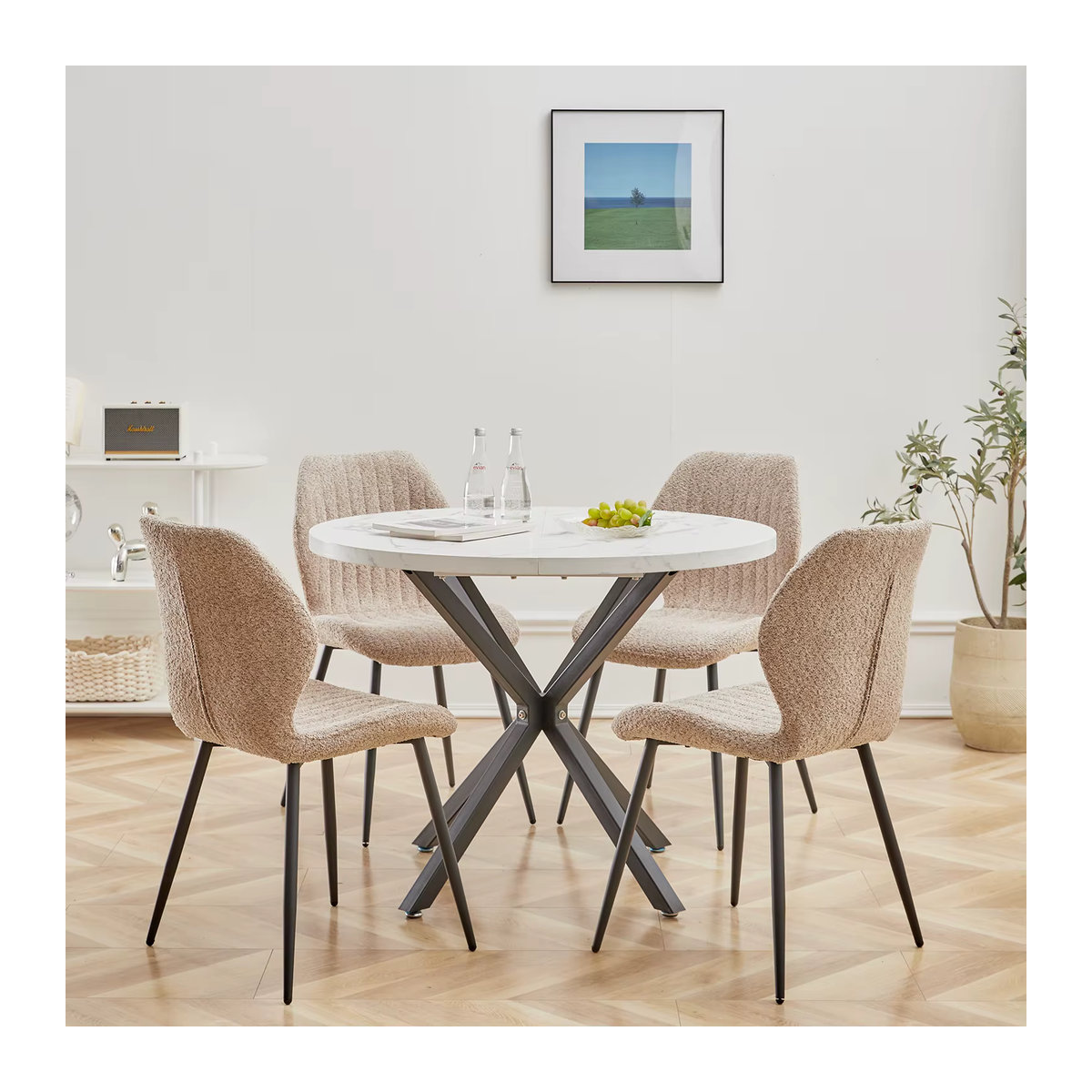 EGOONM Set gepolsterte Esszimmerstühle aus Leinenstoff mit Metallbeinen in Beige und Braun, modern gestreift - Bild 5