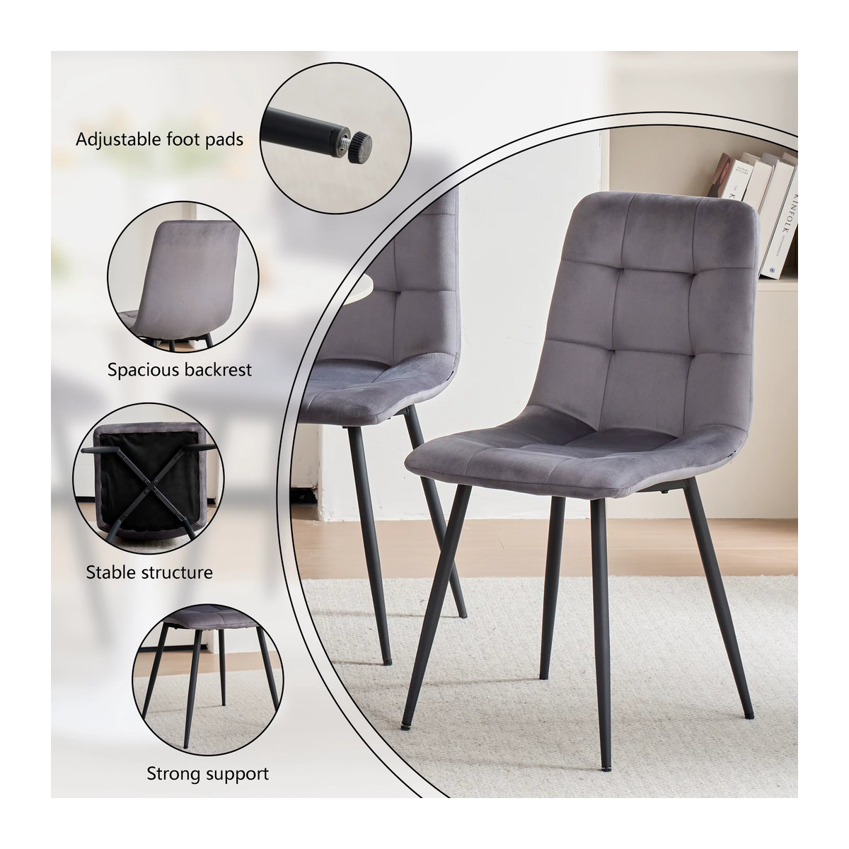 EGOONM Set mit Esszimmerstühlen in Grau, moderne gepolsterte Design-Stühle mit Samtsitz und Metallgestell - Bild 2