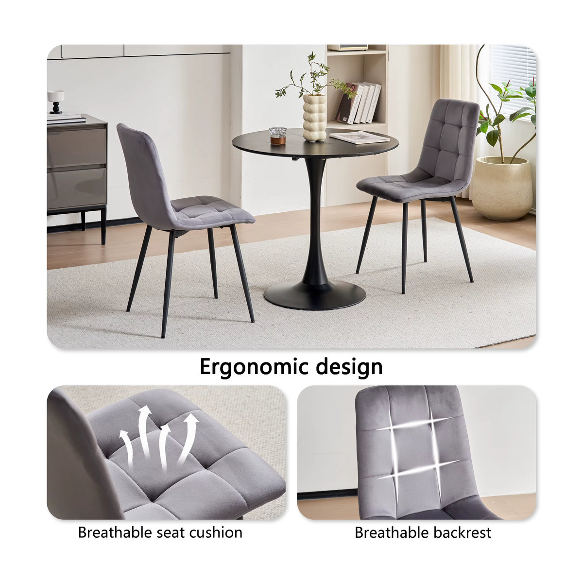 EGOONM Set mit Esszimmerstühlen in Grau, moderne gepolsterte Design-Stühle mit Samtsitz und Metallgestell - Bild 3