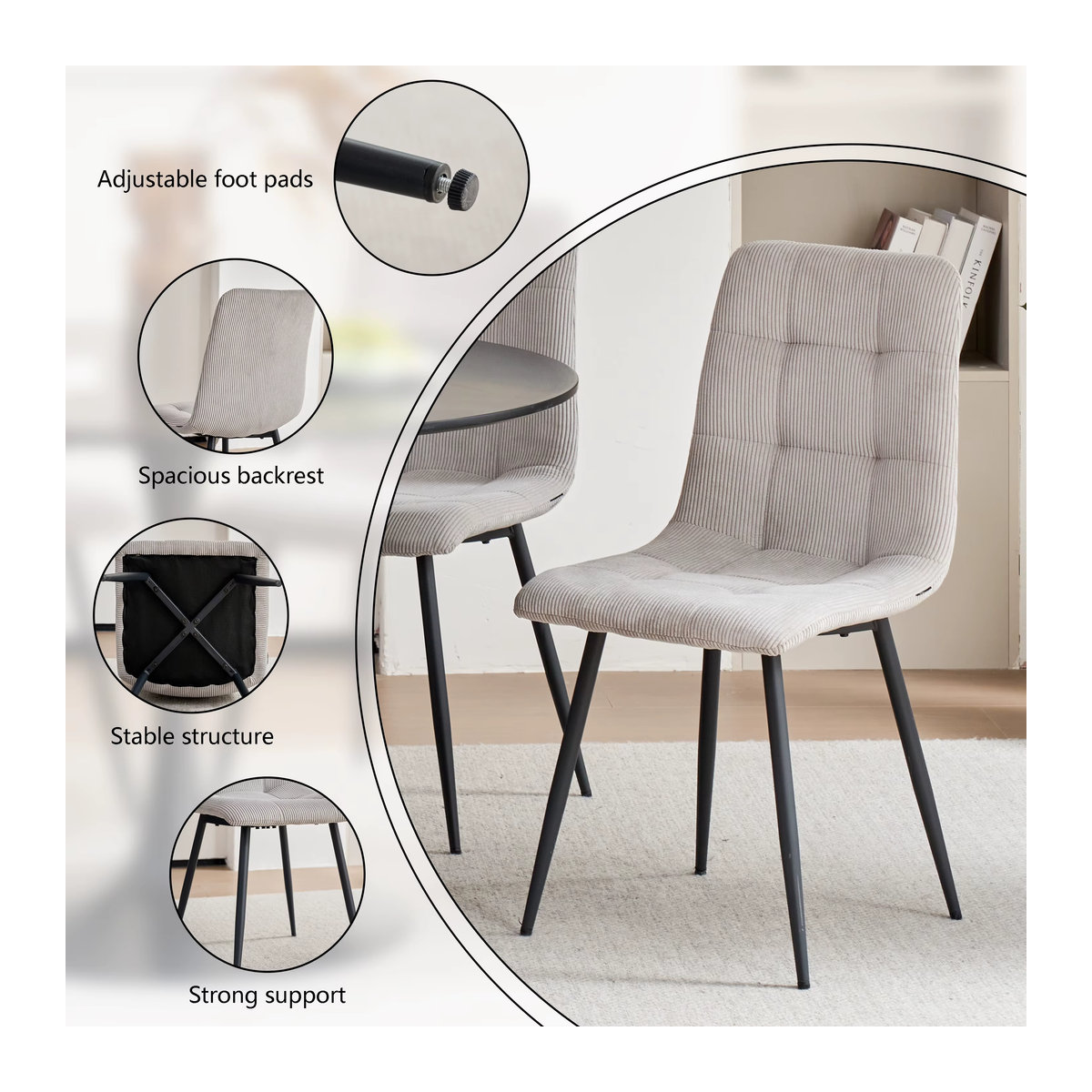 EGOONM Set moderner Esszimmerstühle aus gepolstertem Cordstoff mit Metallbeinen in Grau und Beige - Bild 2