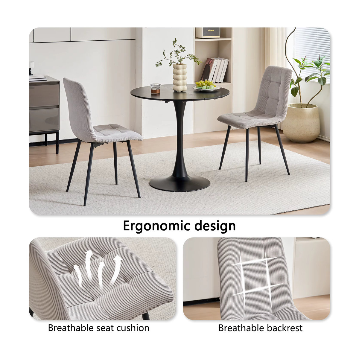 EGOONM Set moderner Esszimmerstühle aus gepolstertem Cordstoff mit Metallbeinen in Grau und Beige - Bild 3