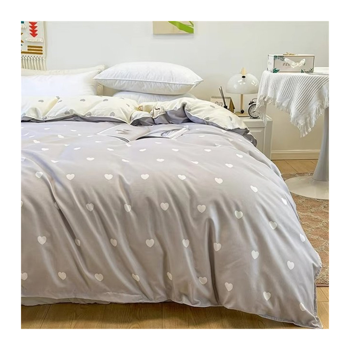 EGW Bettbezug aus Polyester mit Herz-Liebes-Gitter-Streifen-Druck in Grau, B/H: 150 x 200 cm - Bild 1