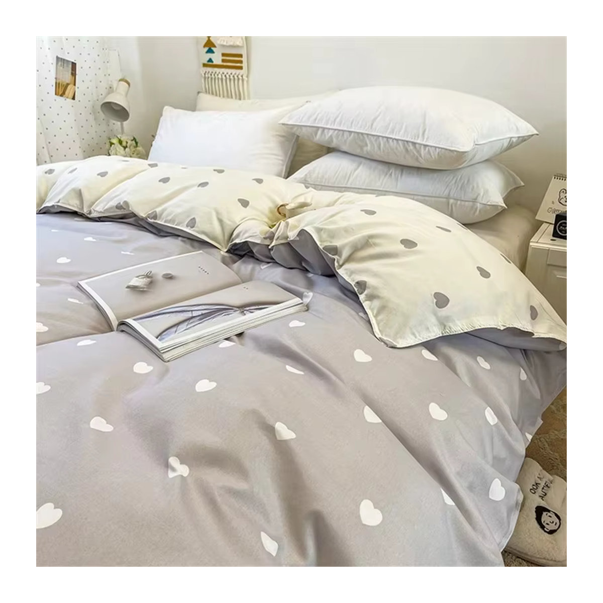EGW Bettbezug aus Polyester mit Herz-Liebes-Gitter-Streifen-Druck in Grau, B/H: 150 x 200 cm - Bild 2