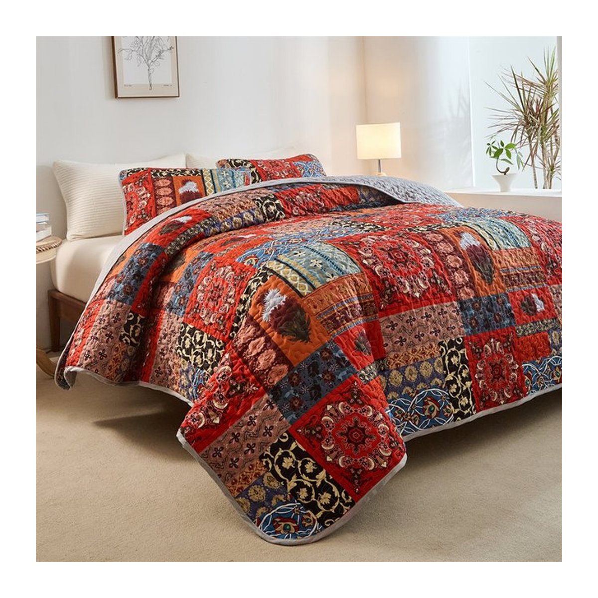 EGW Queen Steppbettbezug-Set mit Kissenbezug in Patchwork-Design, Blumen-Tagesdecke, rot/mehrfarbig, B/T/H: 229 x 229 x 0 cm - Bild 1