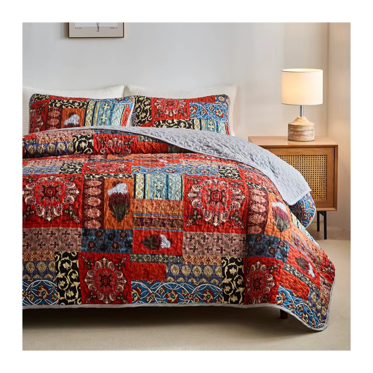 EGW Queen Steppbettbezug-Set mit Kissenbezug in Patchwork-Design, Blumen-Tagesdecke, rot/mehrfarbig, B/T/H: 229 x 229 x 0 cm - Bild 2