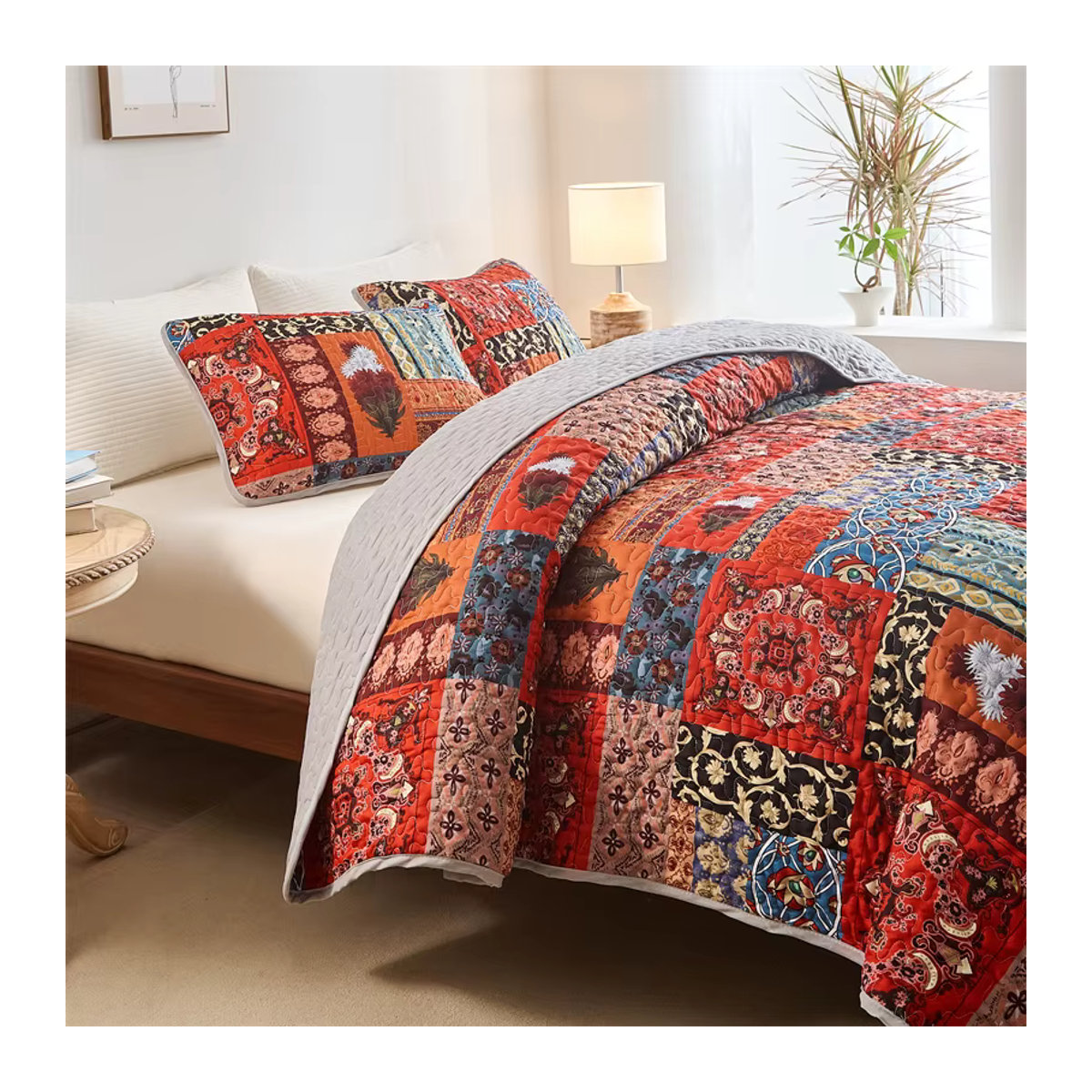 EGW Queen Steppbettbezug-Set mit Kissenbezug in Patchwork-Design, Blumen-Tagesdecke, rot/mehrfarbig, B/T/H: 229 x 229 x 0 cm - Bild 4