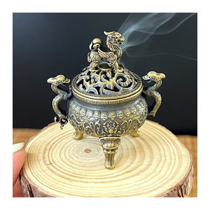 EH-LIFE Mini Double Dragon Dreibein-Räuchergefäß aus Metall und Holz in Gold, orientalische Dekoration für Heimbüro und Entspannung
