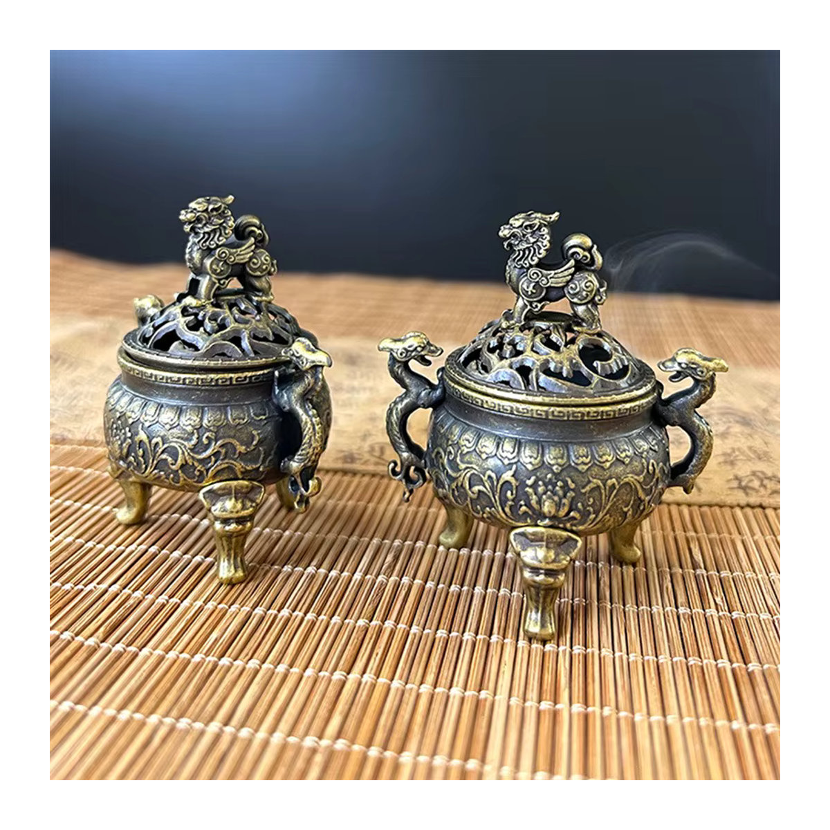 EH-LIFE Mini Double Dragon Dreibein-Räuchergefäß aus Metall und Holz in Gold, orientalische Dekoration für Heimbüro und Entspannung - Bild 2