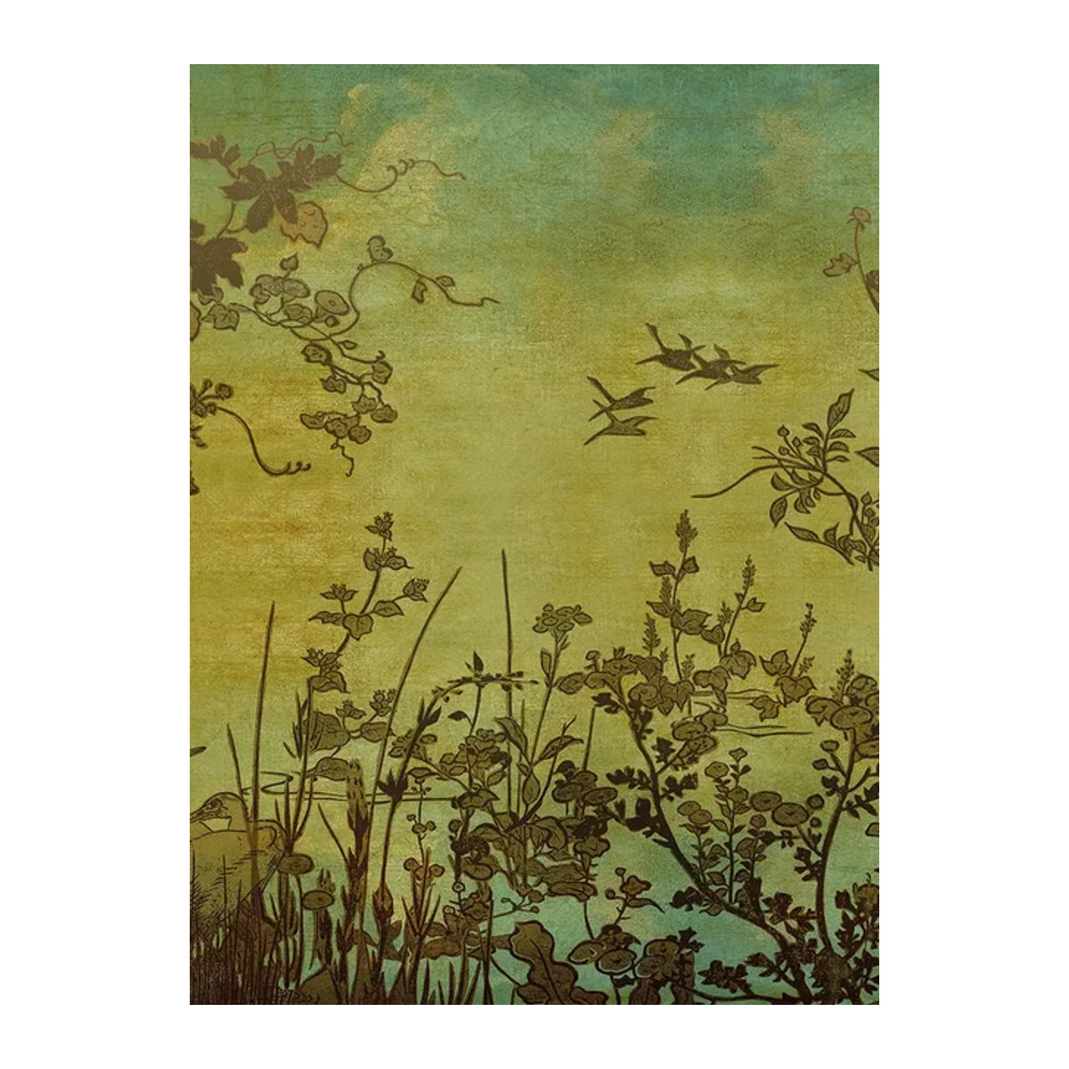Eijffinger Mural Cranes at Dawn Wandtapete in Grün und Mehrfarbig mit orientalischem Tier- und Floral-Motiv - Bild 1