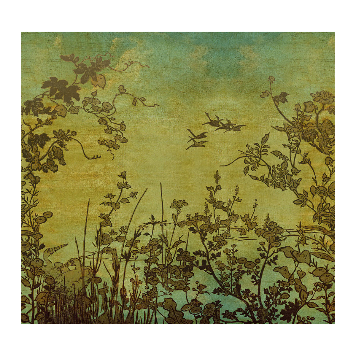 Eijffinger Mural Cranes at Dawn Wandtapete in Grün und Mehrfarbig mit orientalischem Tier- und Floral-Motiv - Bild 2